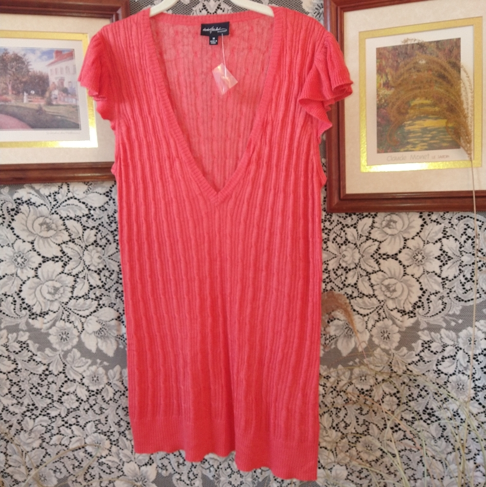 Dialogue orange blouse plunge neck lightweight ribbed sleeveless ruffles NWT